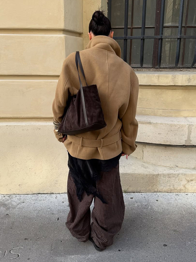 Solid Minimalist Tie Waist Winter Coat for Women - Thickened Regular Fit with Lapel Collar 4