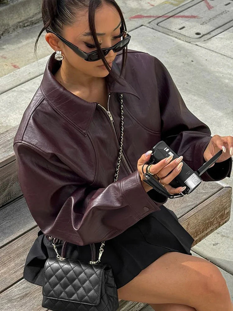 Solid Zipper Leather Jacket For Women - Casual Turn-Down Collar Long Sleeve Autumn Coat 1