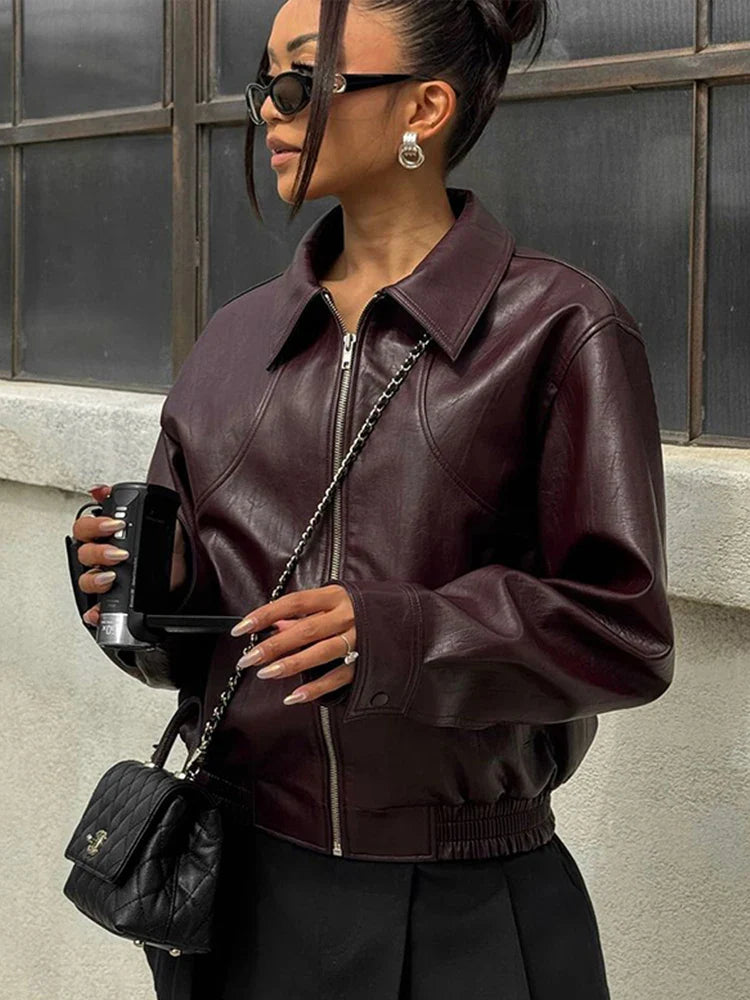 Solid Zipper Leather Jacket For Women - Casual Turn-Down Collar Long Sleeve Autumn Coat 2