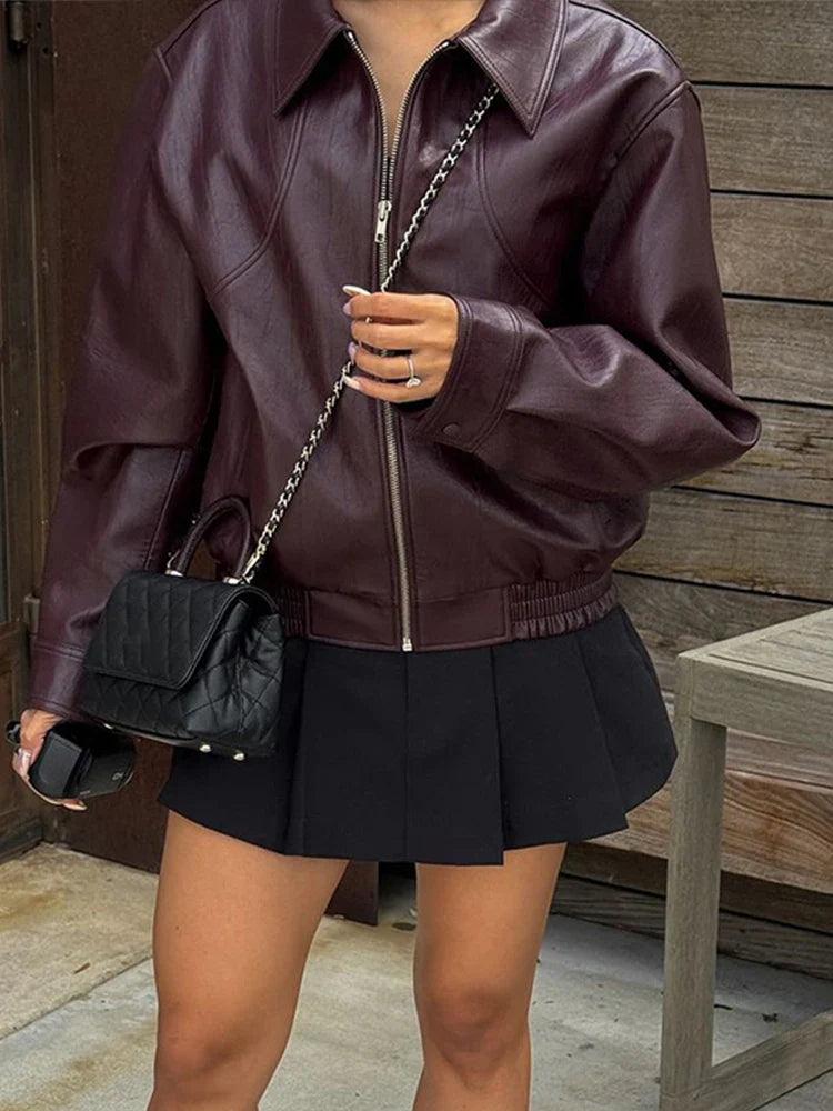 Solid Zipper Leather Jacket For Women - Casual Turn-Down Collar Long Sleeve Autumn Coat 3