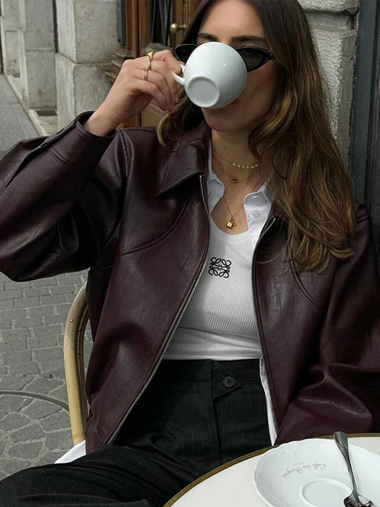 Solid Zipper Leather Jacket For Women - Casual Turn-Down Collar Long Sleeve Autumn Coat 5