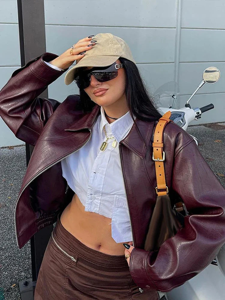 Solid Zipper Leather Jacket For Women - Casual Turn-Down Collar Long Sleeve Autumn Coat 6