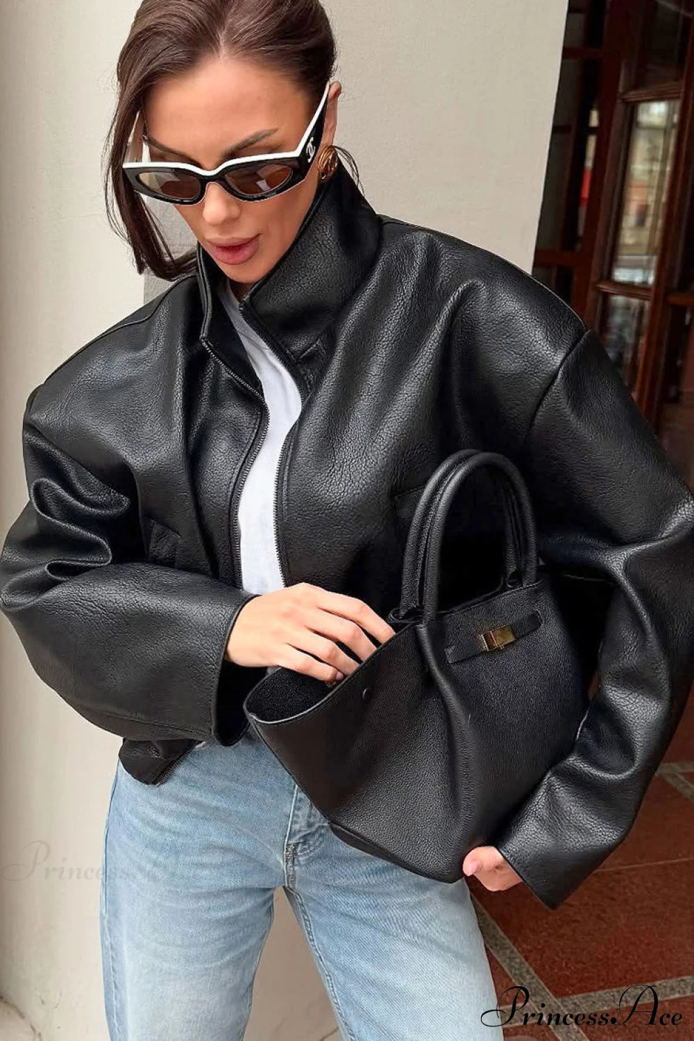 Stylish Black Faux Leather Jacket for Women with Stand Collar and Loose Fit 0