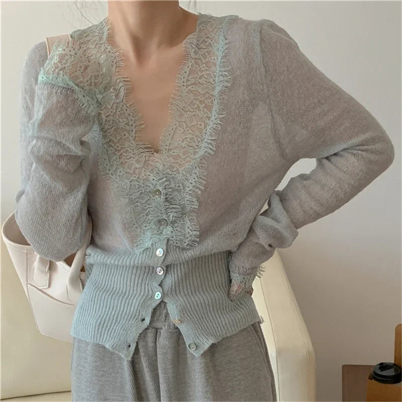 Vintage Lace Knitted Women's Cardigan - Slim Fit Autumn Winter Layering 1