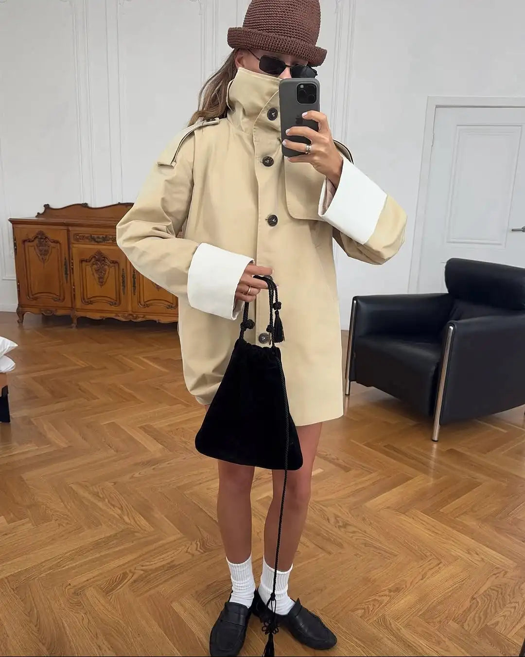 Women Chic Stand Collar Belted Trench Coat Casual Contrast Cuff Single Breasted Loose Windbreaker 2026 Lady Commute Street Coats 1