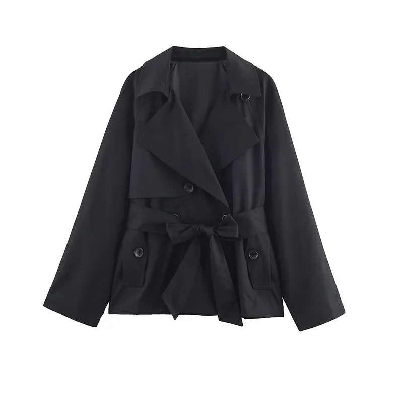 Women's Double-Breasted Black Trench Coat With Belt - Stylish Long Sleeve Lapel Outerwear for Spring and Autumn 8