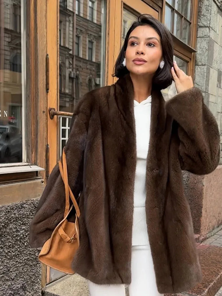 Women's Elegant Lace Up Faux Fur Jacket - Plush V-Neck Long Sleeve Loose Winter Coat for Daily Commute 1