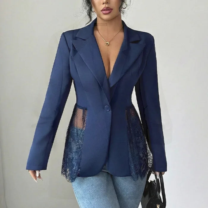 Women's Formal A-Shaped Jackets with Color-Matched Lace, Autumn-Winter Styles, Slimming Waist Design 3