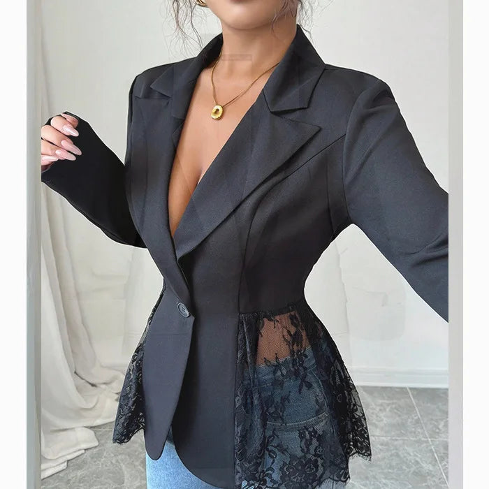 Women's Formal A-Shaped Jackets with Color-Matched Lace, Autumn-Winter Styles, Slimming Waist Design 4