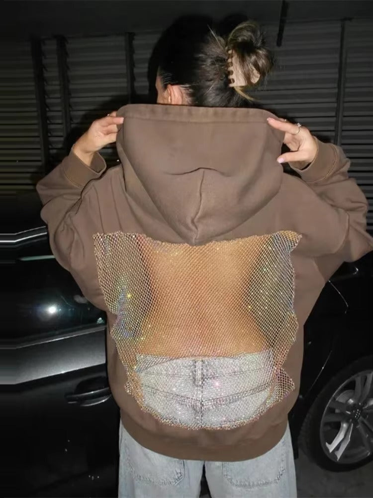 Women's Rhinestone Mesh Open Back Hoodie - Trendy Casual Sweatshirt