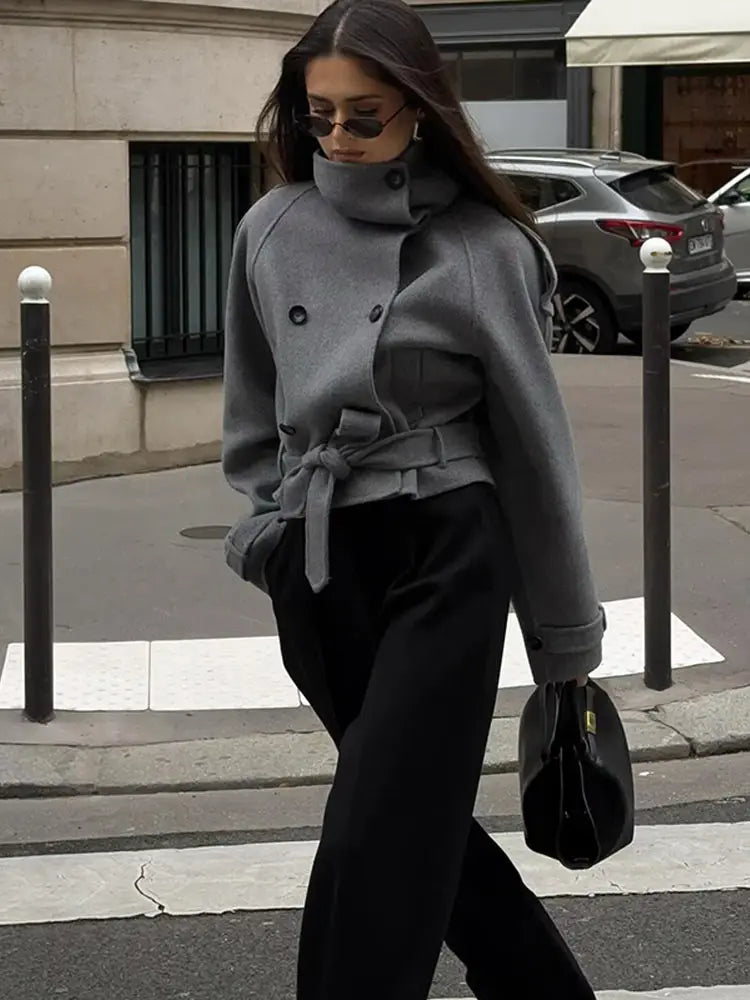 Woolen Trench Coat for Women - Stylish Double Breasted Long Sleeve Wool Womens Trench Coat with Stand Collar and Lace-Up Detail 4