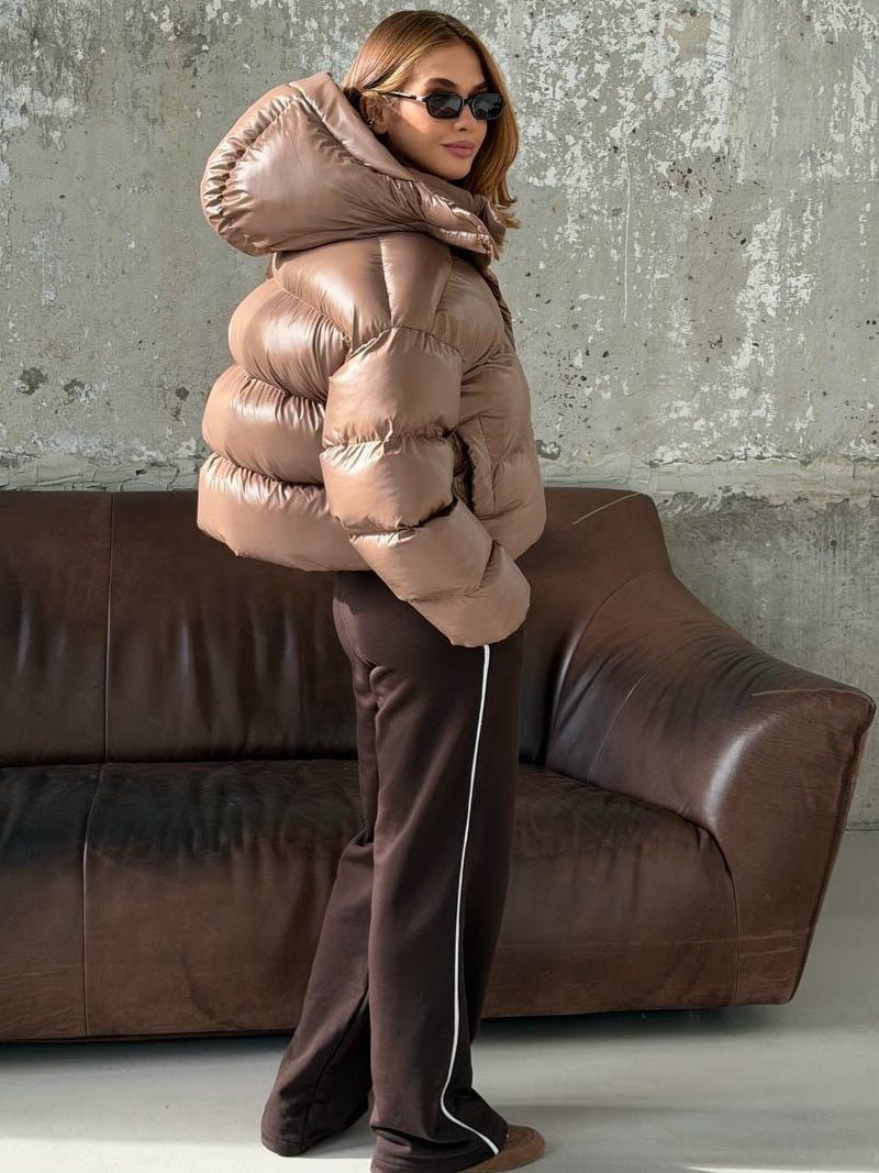 SOERA Gina Hooded Glossy Puffer Jacket - Coat - SOERA-121795-CHO-M-40707 Brown M