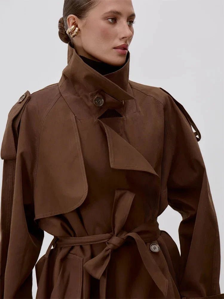 SOERA Octavia Lace - Up Stand Collar Trenchcoat - Coat -  Brown S