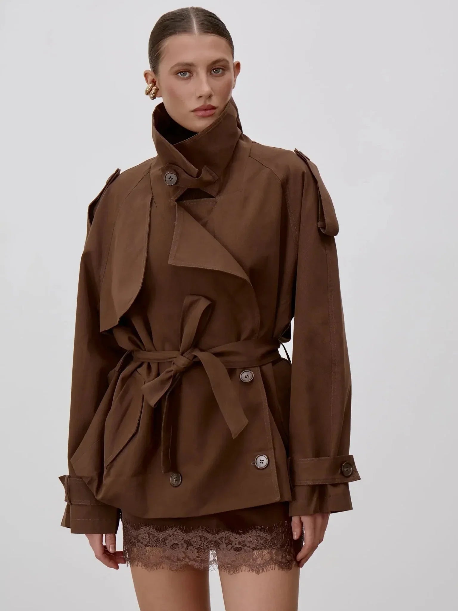 SOERA Octavia Lace - Up Stand Collar Trenchcoat - Coat -  Brown S