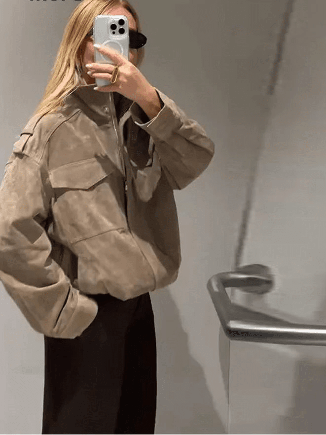SOERA Marianne High Neck Suede Pocket Jacket - Coats & Jackets - 1005008551331900-;yQ1775552729666534774 Dark Gray XS
