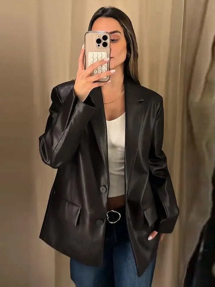SOERA Ryza Vegan Leather Blazer - Coats & Jackets - 3256809675810968-;dM1757549903793709741 Dark Brown S