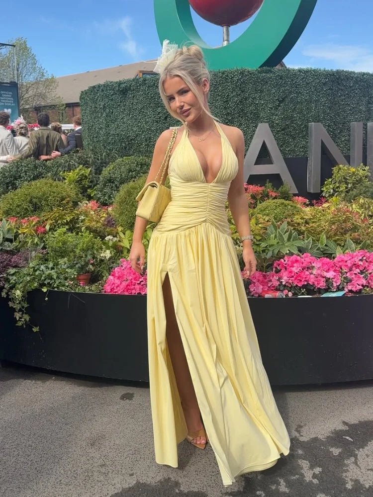 SOERA Helena Deep V Ruched Maxi Dress with Slit - Dress - SOERA-812867-DEF-OS-71331 Yellow XS