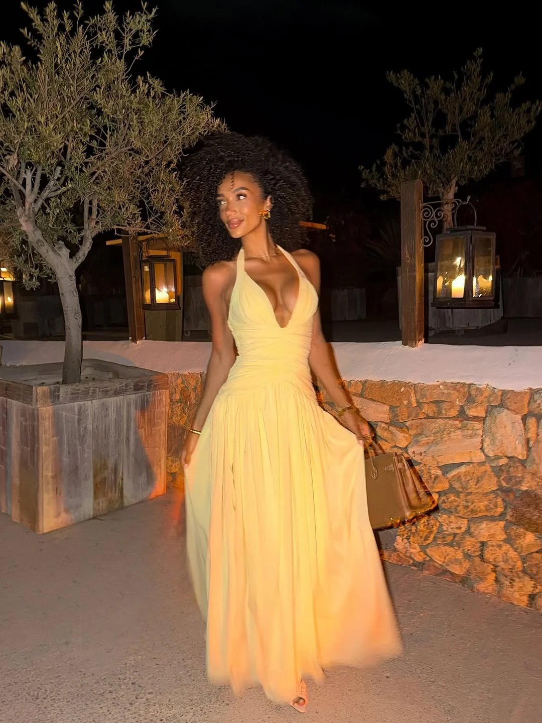 SOERA Helena Deep V Ruched Maxi Dress with Slit - Dress - SOERA-812867-DEF-OS-71332 Yellow S