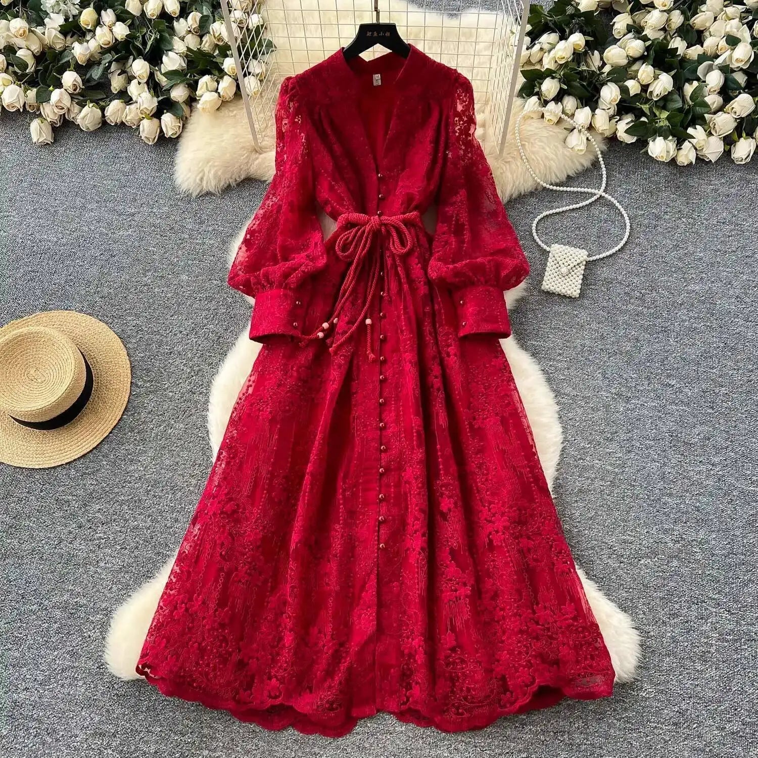 SOERA Jenina Embroidered Pearl Midi Dress - Dress -  Red S