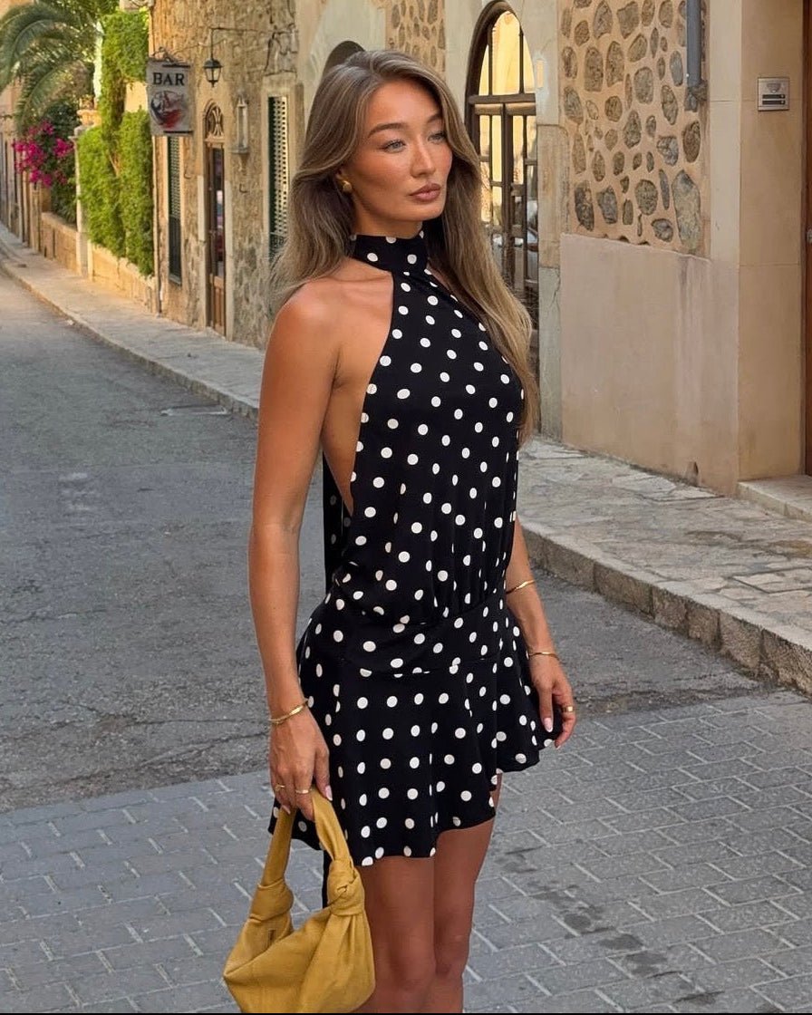 SOERA Serena Open - Back Polka Dot Halter Mini Dress - Dress -  XS