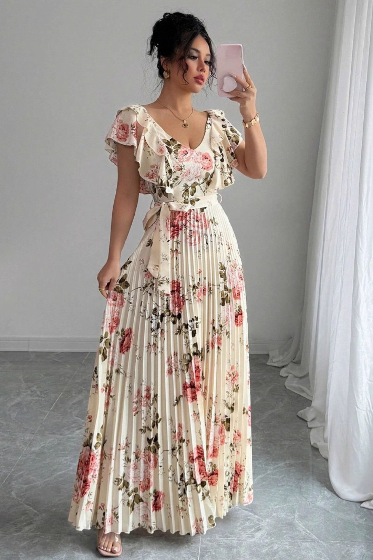 SOERA Valentina Floral V - Neck Ruffle Sleeve Maxi Dress - Dress -  Beige XS