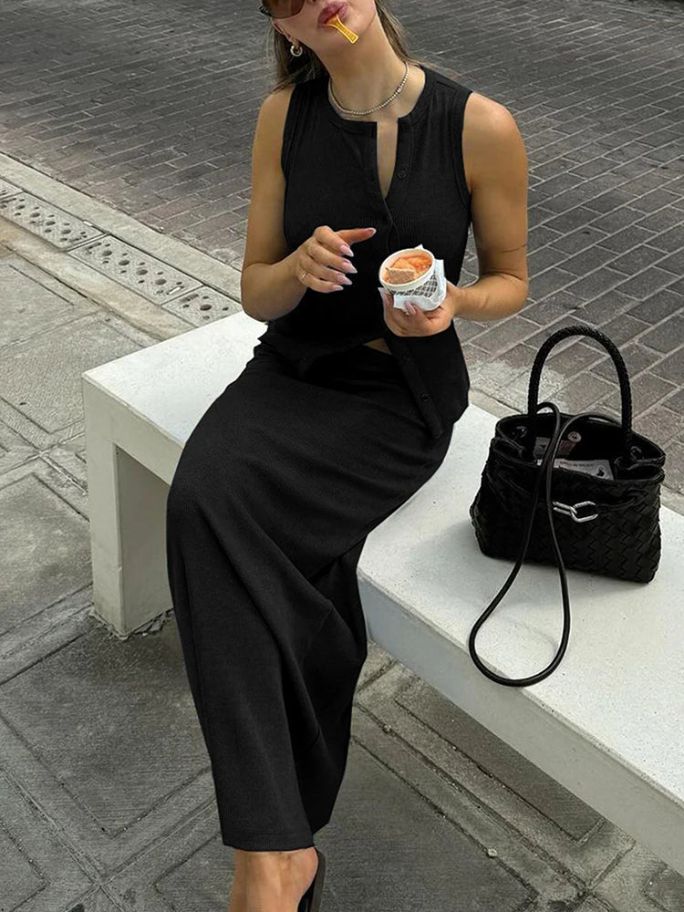 SOERA Beatrice Ribbed Single-Breasted Top & Maxi Skirt Set - Dresses -  Blue XS