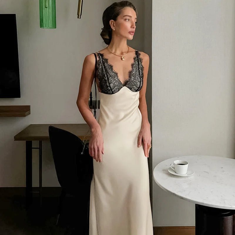 SOERA Celeste V-Neck Lace Patchwork Evening Dress - Dresses -  Beige S