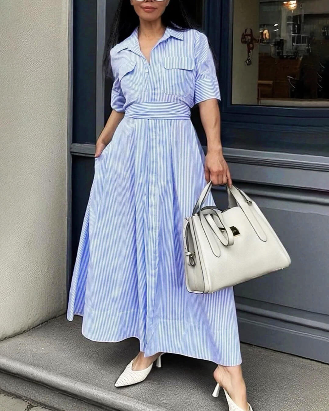 SOERA Katniss Striped Lace-Up Collar Maxi Dress - Dresses - SOERA-083779-BLU-XS-35939 Blue XS