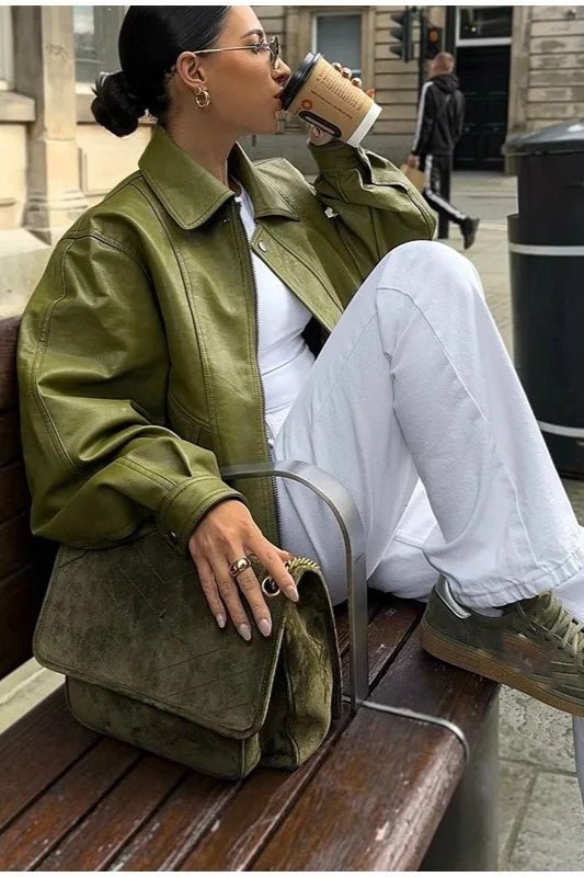 SOERA Bilge Vintage Green Faux Leather Jacket - Jacket - SOERA-639811-GRE-L-18083 Green L