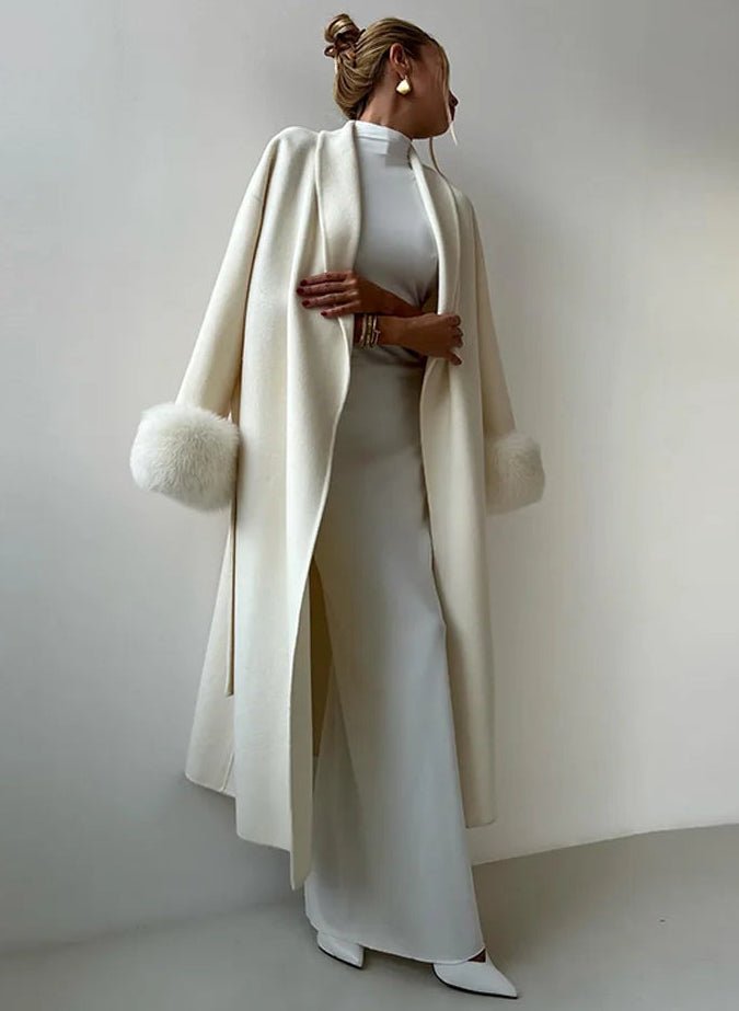 SOERA Wool Wrap Coat with Fox Fur Cuff - Jackets - 3256809512722732-;vj1766845283312475104 Long White S