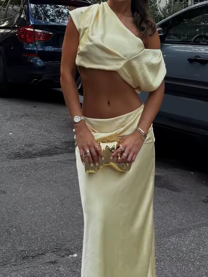 SOERA Arlette Satin Pleated Crop Top & Skirt Set - Matching Sets -  Brown XS