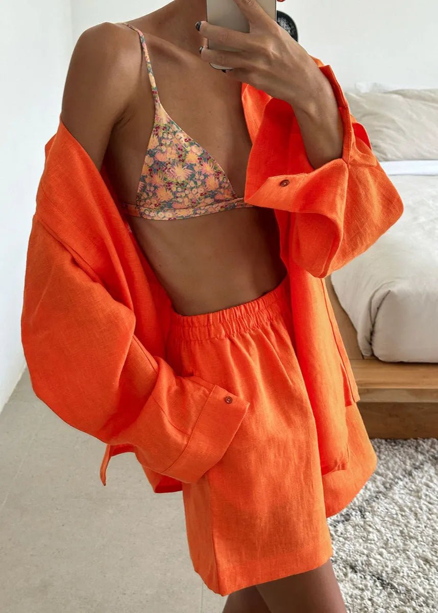 SOERA Camille White Linen Shirt and Shorts Set - Matching Sets -  Orange Set M