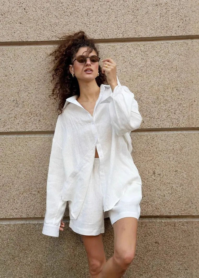 SOERA Camille White Linen Shirt and Shorts Set - Matching Sets -  White Set L