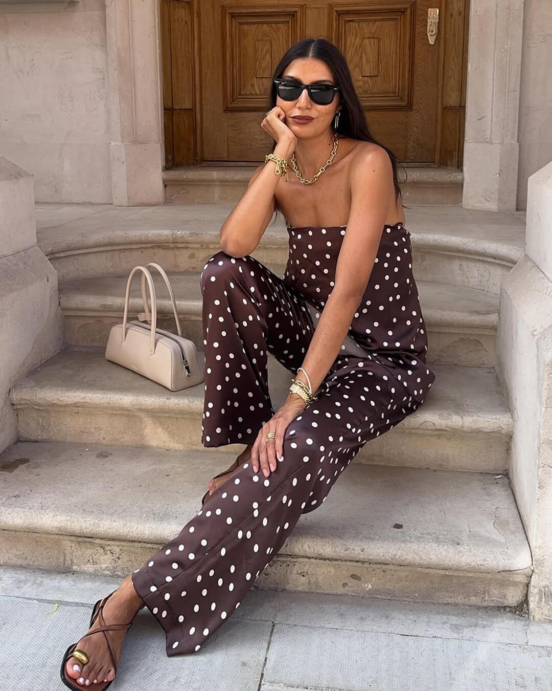 SOERA Claudine Satin Bandeau Pants Suit - Matching Sets - YU1774004001182252154 Brown Polka Dot S