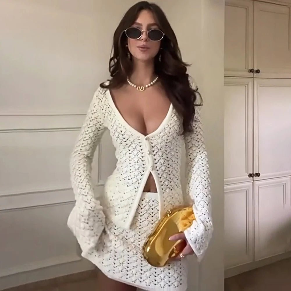 SOERA Jaycee Knitted Cardigan Mini Skirt Set - Matching Sets - 1005008414271863-;jd1771345061574549401 White S