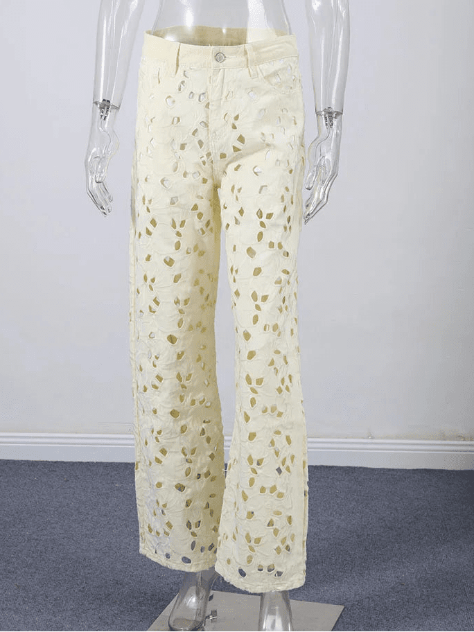 SOERA Anais Hollow - Out Denim High Waist Straight Jeans - Pants -  Beige S