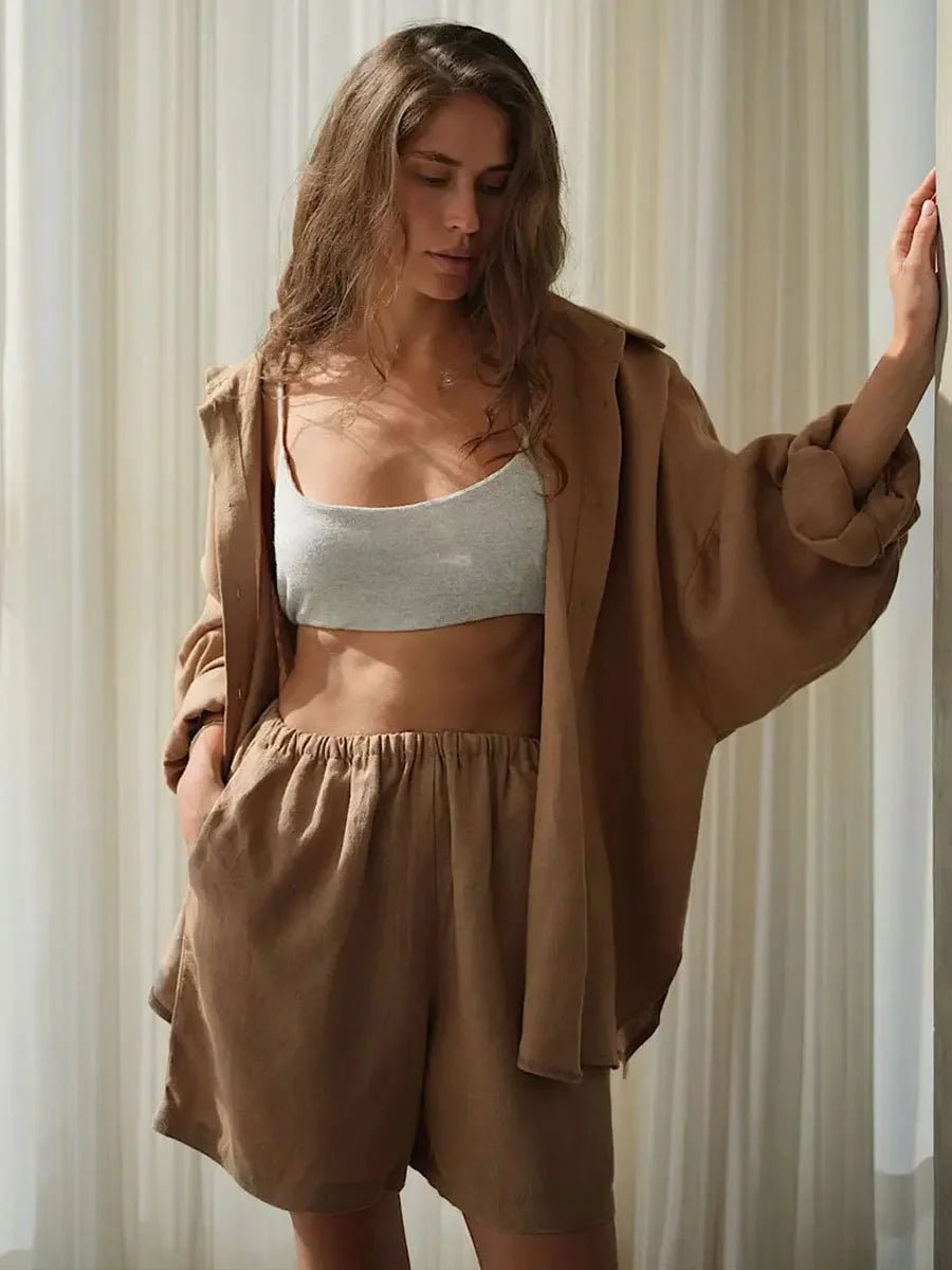 SOERA Sally Lapel Lantern Sleeve Shorts Set - Set - 1005006947356468-;vD1776063208019511247 Brown S