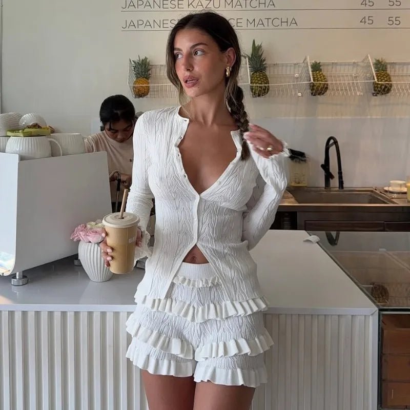 SOERA Aira Knitted Top & Tiered Shorts Set - Sets - QA1775689992445089975 White S