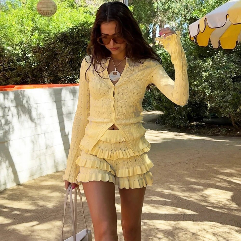 SOERA Aira Knitted Top & Tiered Shorts Set - Sets - xZ1775689992445362658 Yellow S