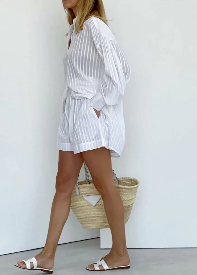 SOERA Bridget Striped Cotton Shirt and Shorts Set - Shorts -  S