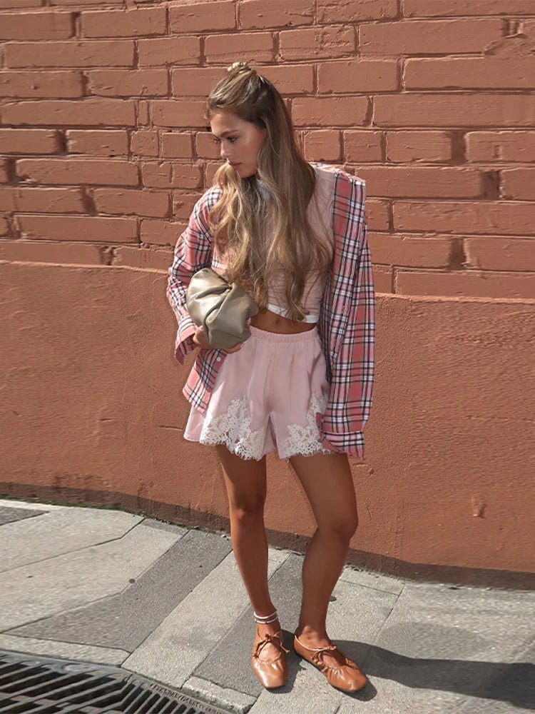 SOERA Laura Lace Patchwork Satin Shorts - Shorts - 1005009770535685-;fx1774621553230072244 Pink S