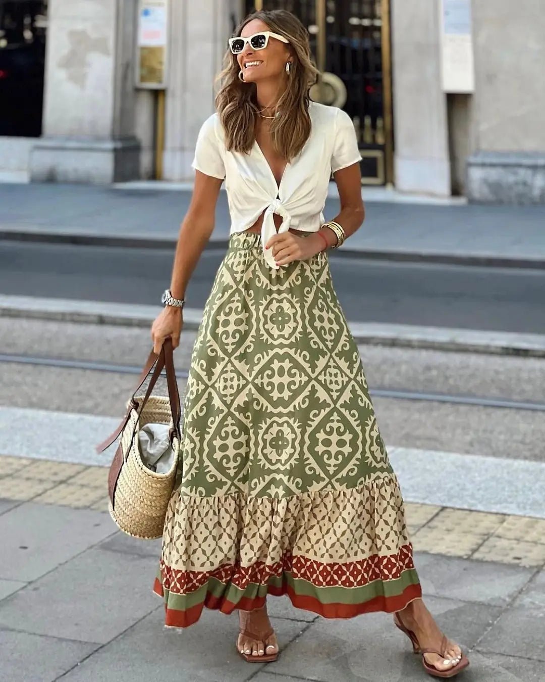 SOERA Zara Boho Printed Midi Swing Skirt - Skirt -  Olive S