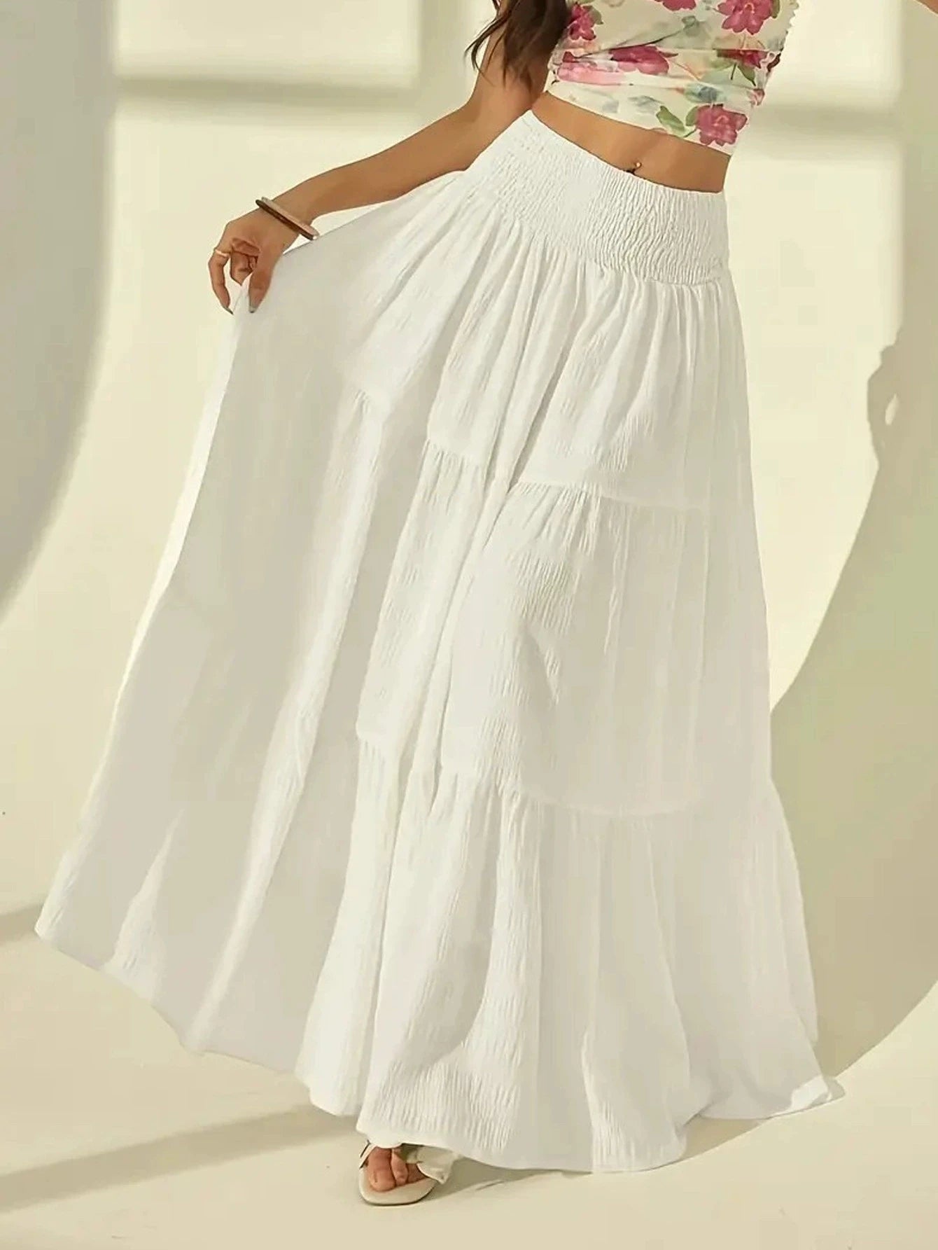 SOERA Calla Tiered Maxi Skirt Elastic Waist - Skirts -  White S
