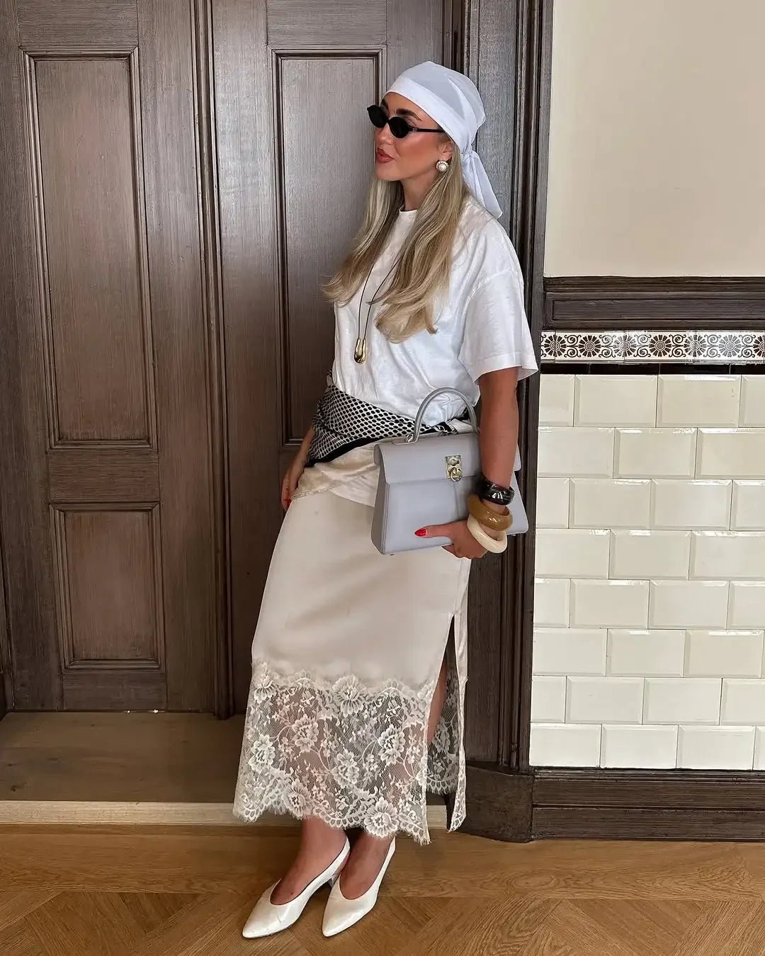 SOERA Cheska Lace Hem Satin Long Skirt with Slit - Skirts - 1005010102307758-;ot1775031590769692196 Beige L