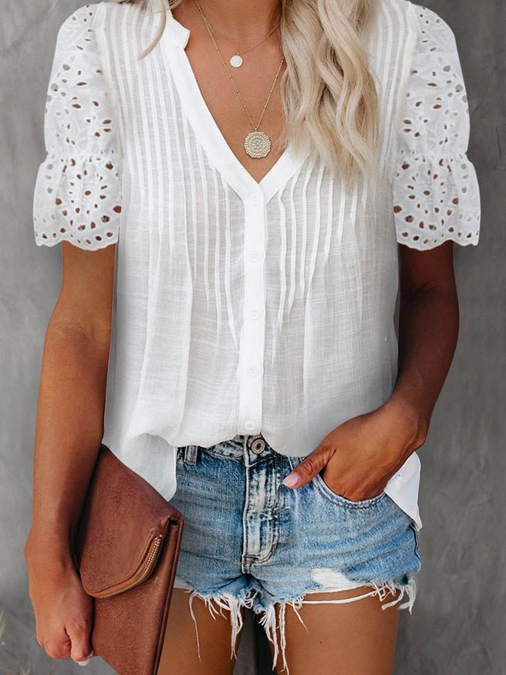SOERA Beatrice V - Neck Lace Sleeve Top - Top -  White S