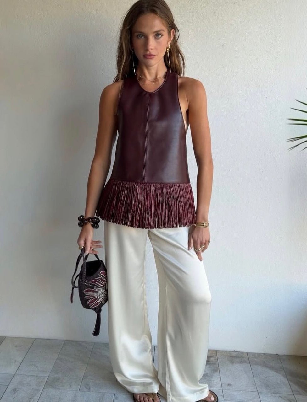 SOERA Sierra Faux Leather Fringe Halter Top - Top - SOERA-914499-S-BURGUN-69731 Burgundy S