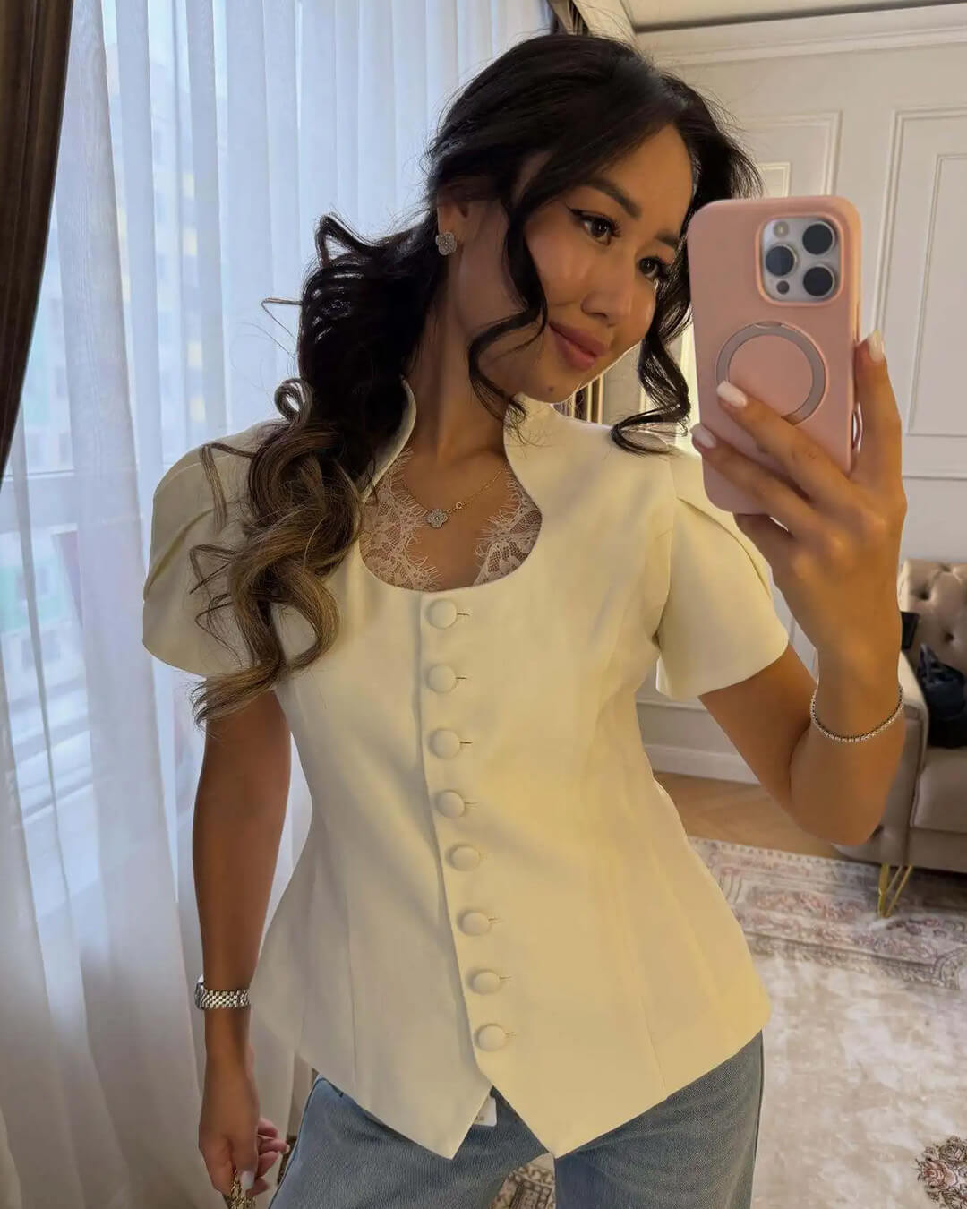 SOERA Bianca Button Front Stand Collar Top - Tops -  White XS