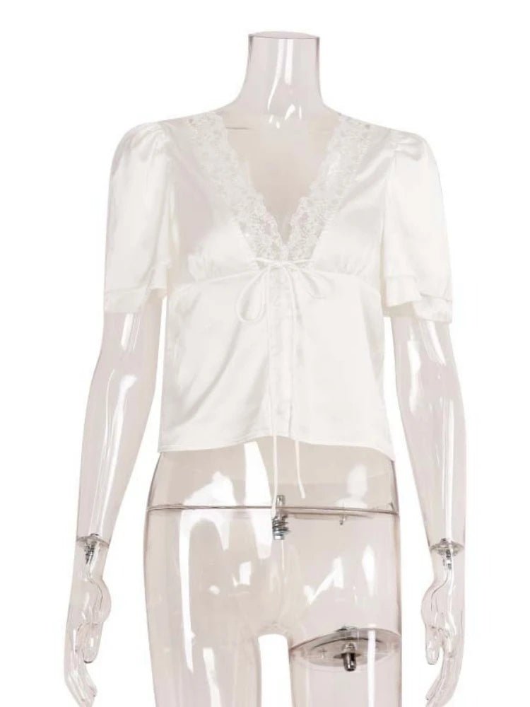SOERA Nathalie Satin Lace Blouse - Tops - 1005009506335223-;TB1769670010191671531 White S