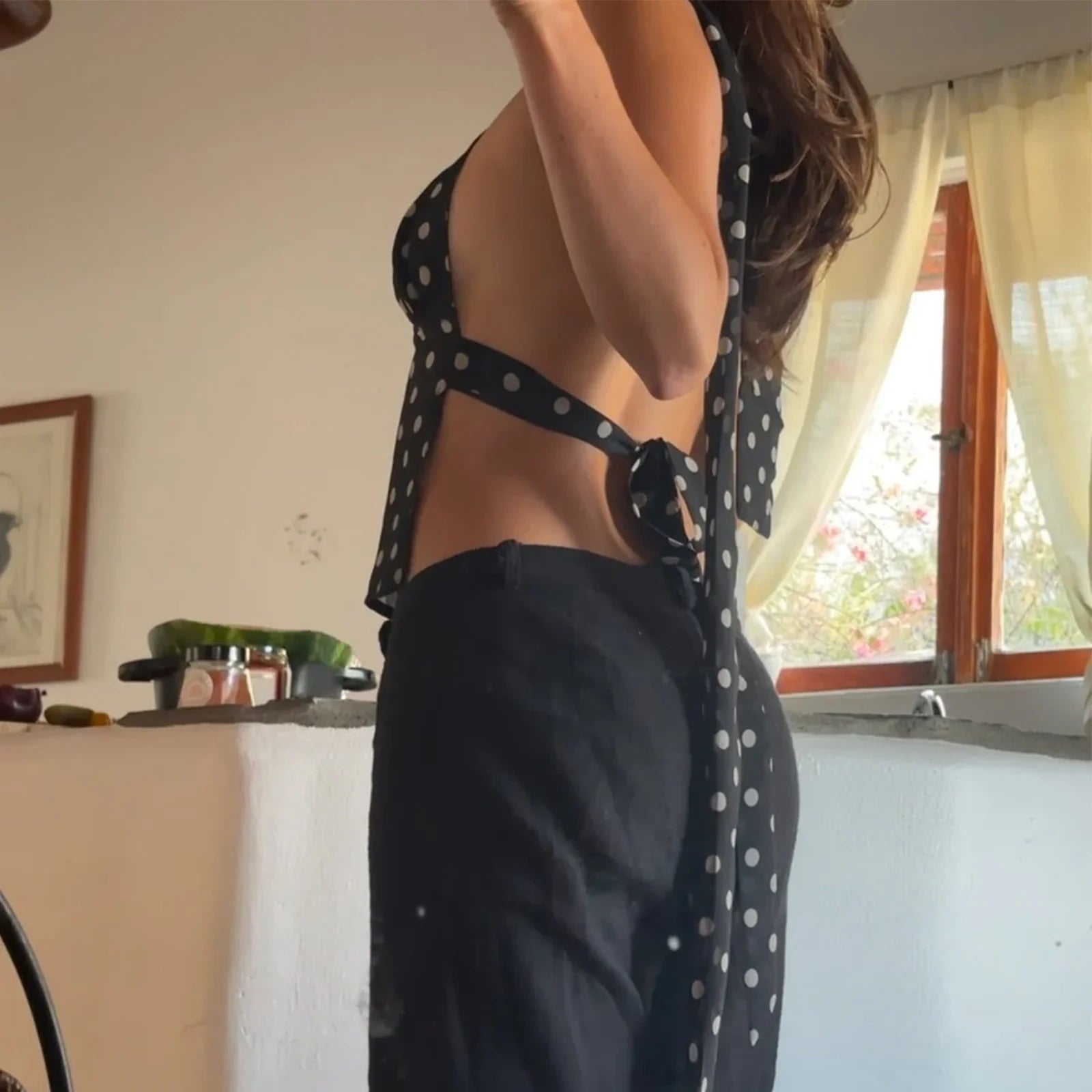 SOERA Ruffa Polka Dot Backless Cami Top - Tops -  Black XS