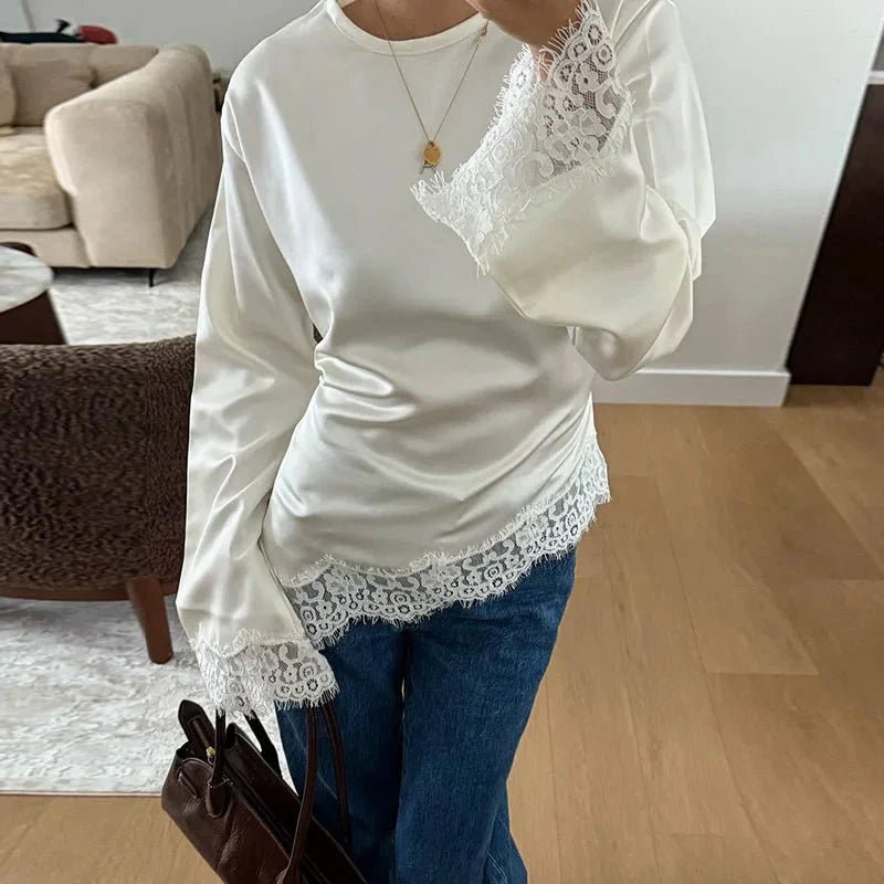 SOERA Serena Lace Satin Long Sleeve Top - Tops -  White M